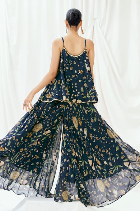 Shop_Redpine Designs_Navy Viscose Georgette Sequins V-neck Printed Peplum Kurta And Sharara Set _Online_at_Aza_Fashions