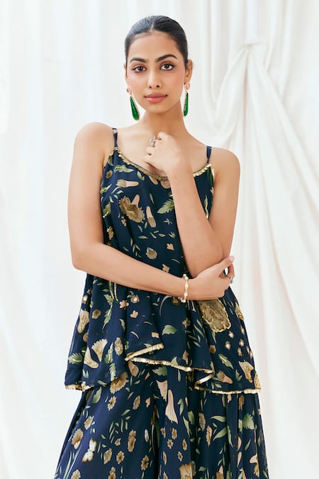 Redpine Designs_Navy Viscose Georgette Sequins V-neck Printed Peplum Kurta And Sharara Set _at_Aza_Fashions