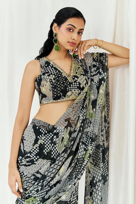Shop_Redpine Designs_Black Viscose Georgette Sequins V-neck Printed Pre-draped Saree With Blouse _Online_at_Aza_Fashions