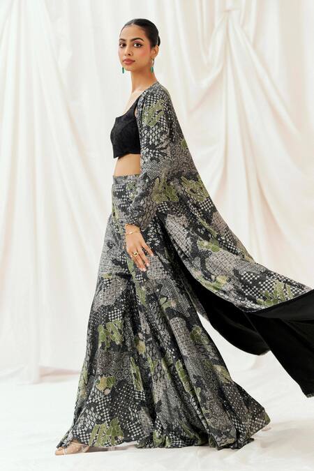 Redpine Designs_Black Viscose, Crepe, Silk Sequins, Embroidery Open Neck, Jacket Sharara Set _Online_at_Aza_Fashions