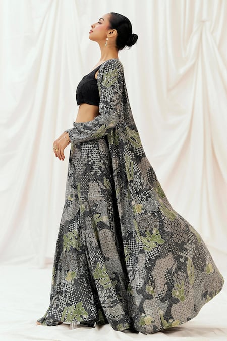Buy_Redpine Designs_Black Viscose, Crepe, Silk Sequins, Embroidery Open Neck, Jacket Sharara Set _Online_at_Aza_Fashions