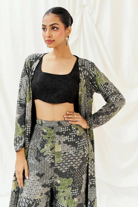 Shop_Redpine Designs_Black Viscose, Crepe, Silk Sequins, Embroidery Open Neck, Jacket Sharara Set _Online_at_Aza_Fashions