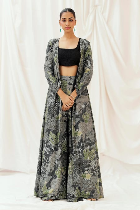 Redpine Designs Black Viscose, Crepe, Silk Sequins, Embroidery Open Neck, Jacket Sharara Set