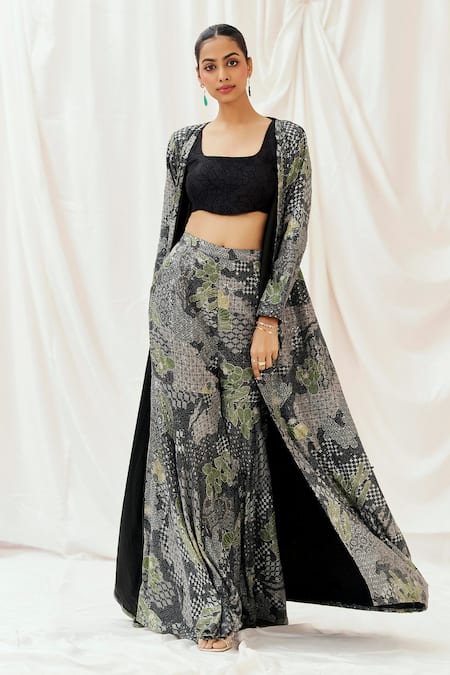 Redpine Designs_Black Viscose, Crepe, Silk Sequins, Embroidery Open Neck, Jacket Sharara Set _at_Aza_Fashions