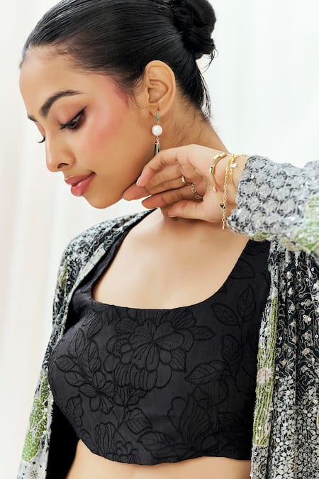 Buy_Redpine Designs_Black Viscose, Crepe, Silk Sequins, Embroidery Open Neck, Jacket Sharara Set 