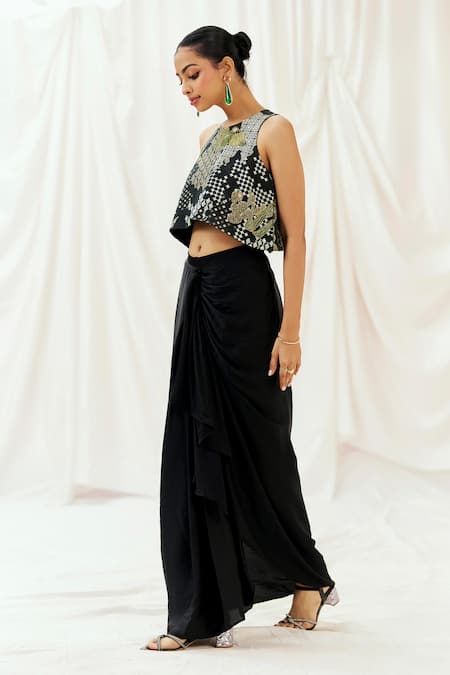 Buy_Redpine Designs_Black Viscose, Crepe, Satin, Silk Cut Work, Printed Top And Draped Skirt Set _Online_at_Aza_Fashions
