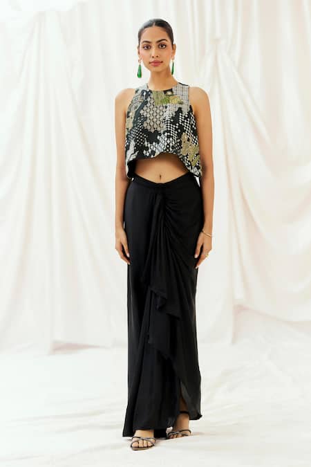 Redpine Designs_Black Viscose, Crepe, Satin, Silk Cut Work, Printed Top And Draped Skirt Set _at_Aza_Fashions