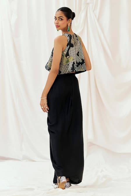 Buy_Redpine Designs_Black Viscose, Crepe, Satin, Silk Cut Work, Printed Top And Draped Skirt Set 