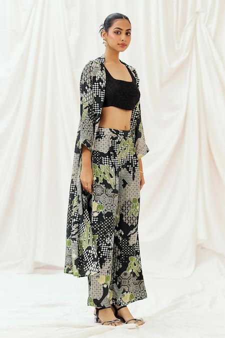 Buy_Redpine Designs_Black Viscose, Silk Embroidery Open , Square Printed Jacket Pant Set _Online_at_Aza_Fashions