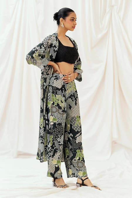 Shop_Redpine Designs_Black Viscose, Silk Embroidery Open , Square Printed Jacket Pant Set _Online_at_Aza_Fashions