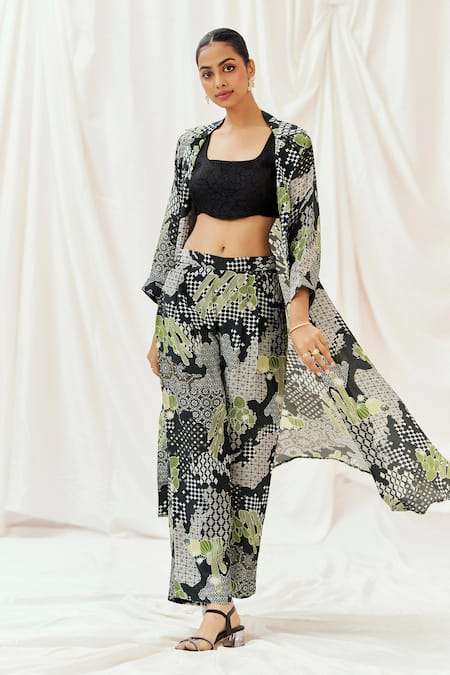 Redpine Designs_Black Viscose, Silk Embroidery Open , Square Printed Jacket Pant Set _at_Aza_Fashions