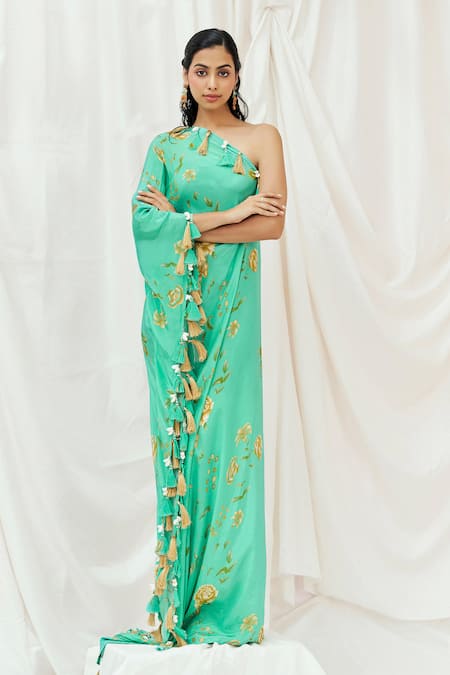 Buy_Redpine Designs_Turquoise Viscose, Crepe Tassels One Shoulder Floral Print Kaftan _Online_at_Aza_Fashions