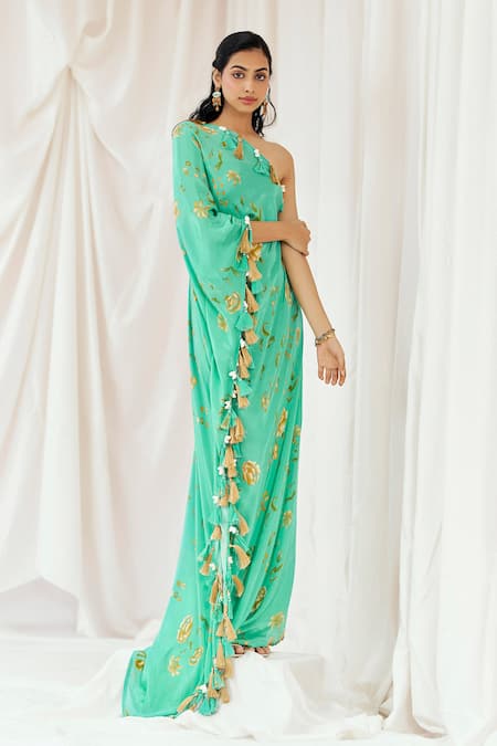Shop_Redpine Designs_Turquoise Viscose, Crepe Tassels One Shoulder Floral Print Kaftan _Online_at_Aza_Fashions