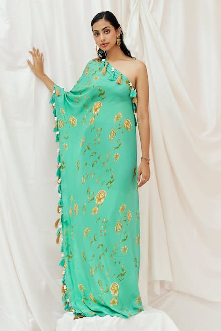 Redpine Designs_Turquoise Viscose, Crepe Tassels One Shoulder Floral Print Kaftan _at_Aza_Fashions