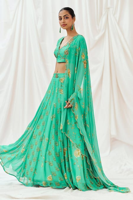 Redpine Designs_Turquoise Viscose Georgette Sequins, Embroidery, Tassels Printed Lehenga Set _Online_at_Aza_Fashions
