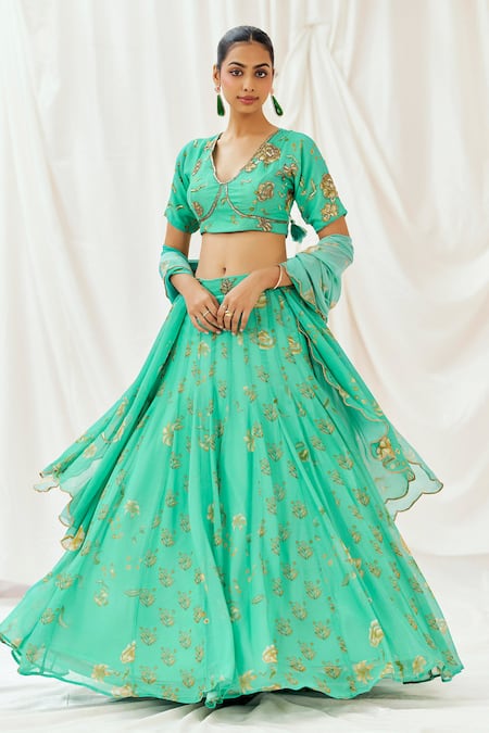 Buy_Redpine Designs_Turquoise Viscose Georgette Sequins, Embroidery, Tassels Printed Lehenga Set _Online_at_Aza_Fashions