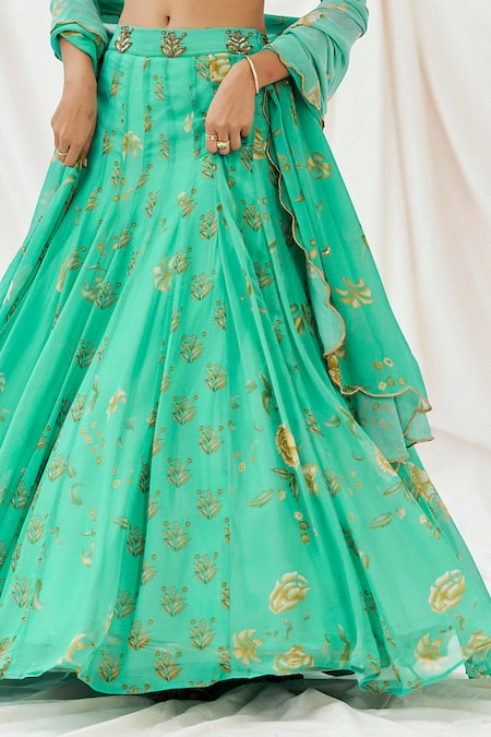 Shop_Redpine Designs_Turquoise Viscose Georgette Sequins, Embroidery, Tassels Printed Lehenga Set _Online_at_Aza_Fashions