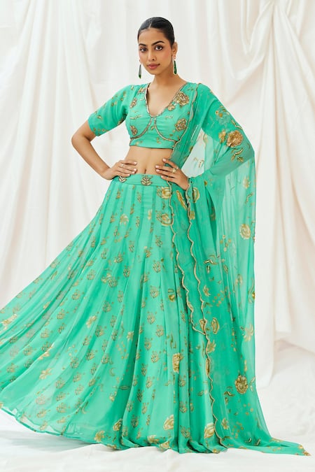 Redpine Designs Turquoise Viscose Georgette Sequins, Embroidery, Tassels Printed Lehenga Set 