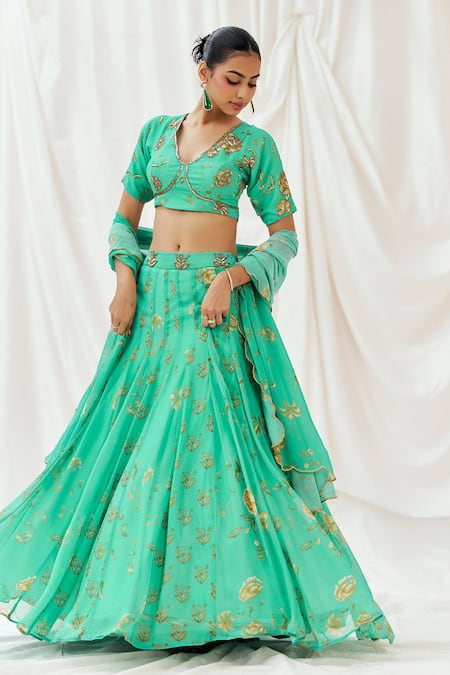 Redpine Designs_Turquoise Viscose Georgette Sequins, Embroidery, Tassels Printed Lehenga Set _at_Aza_Fashions