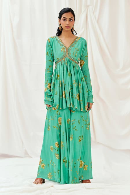Redpine Designs_Turquoise Viscose, Crepe Sequins, Mirrors, Printed Peplum Kurta And Sharara Set _Online_at_Aza_Fashions