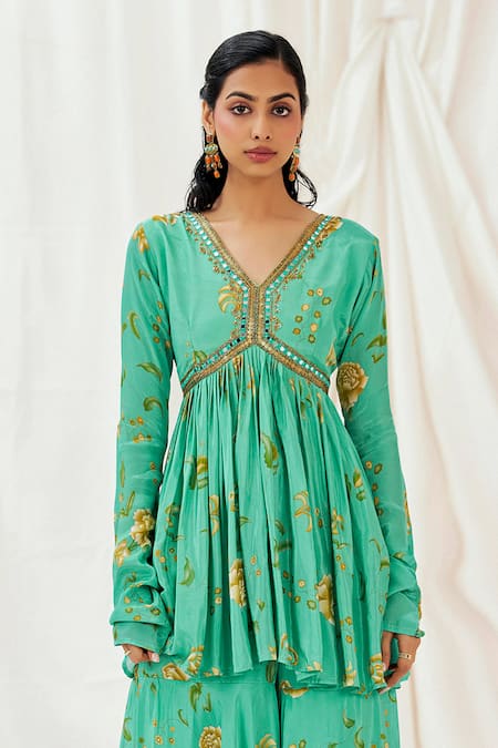 Buy_Redpine Designs_Turquoise Viscose, Crepe Sequins, Mirrors, Printed Peplum Kurta And Sharara Set _Online_at_Aza_Fashions