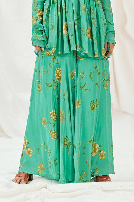 Shop_Redpine Designs_Turquoise Viscose, Crepe Sequins, Mirrors, Printed Peplum Kurta And Sharara Set _Online_at_Aza_Fashions