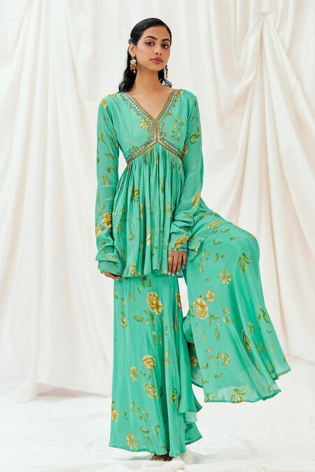 Redpine Designs_Turquoise Viscose, Crepe Sequins, Mirrors, Printed Peplum Kurta And Sharara Set _at_Aza_Fashions