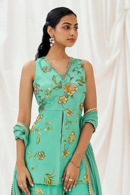 Redpine Designs_Turquoise Viscose, Crepe, Georgette Embroidery, Printed Peplum Kurta Sharara Set _Online_at_Aza_Fashions