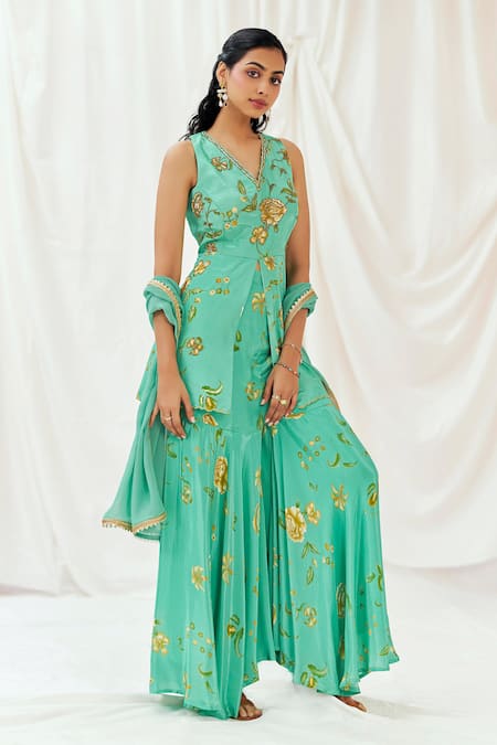 Buy_Redpine Designs_Turquoise Viscose, Crepe, Georgette Embroidery, Printed Peplum Kurta Sharara Set _Online_at_Aza_Fashions
