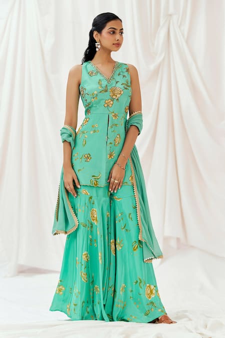 Shop_Redpine Designs_Turquoise Viscose, Crepe, Georgette Embroidery, Printed Peplum Kurta Sharara Set _Online_at_Aza_Fashions