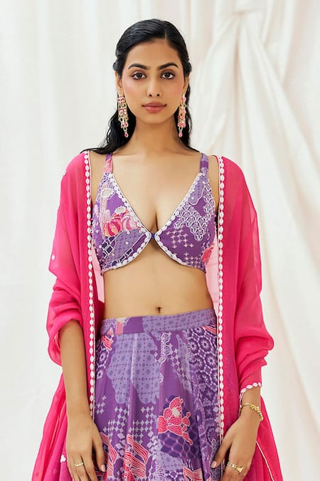 Redpine Designs_Purple Georgette, Sequins, Embroidery Floral Print Lehenga Set _Online_at_Aza_Fashions