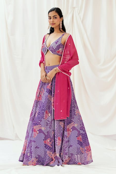 Buy_Redpine Designs_Purple Georgette, Sequins, Embroidery Floral Print Lehenga Set _Online_at_Aza_Fashions