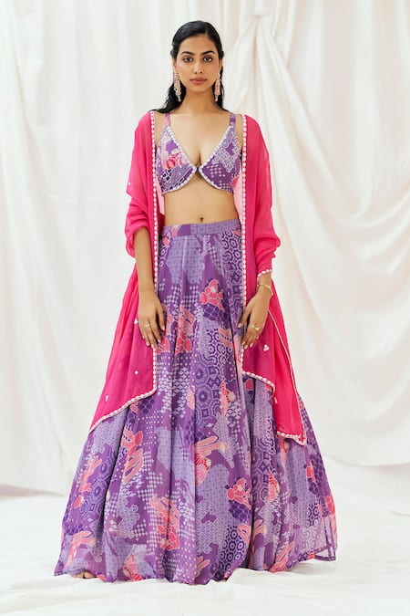 Shop_Redpine Designs_Purple Georgette, Sequins, Embroidery Floral Print Lehenga Set _Online_at_Aza_Fashions