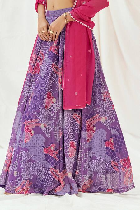 Redpine Designs_Purple Georgette, Sequins, Embroidery Floral Print Lehenga Set _at_Aza_Fashions