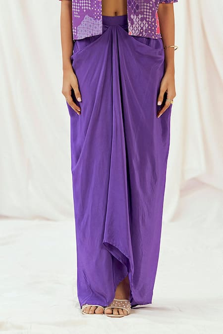 Redpine Designs_Purple , Crepe, Georgette Abstract Print Jacket Draped Skirt Set _Online_at_Aza_Fashions