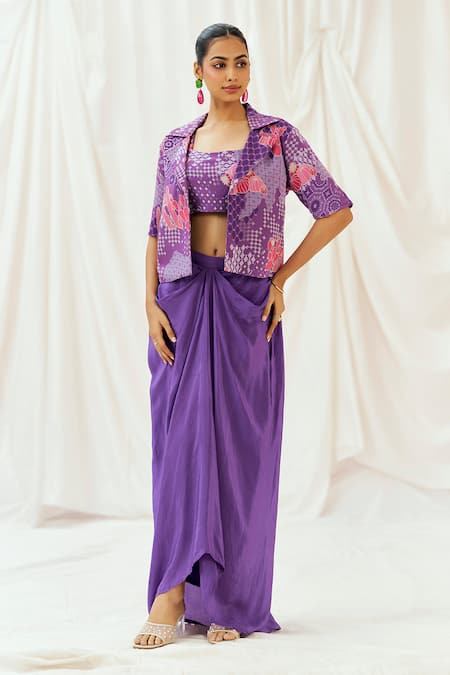 Redpine Designs Purple , Crepe, Georgette Abstract Print Jacket Draped Skirt Set 