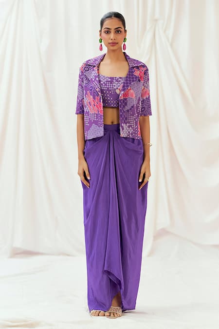 Buy_Redpine Designs_Purple , Crepe, Georgette Abstract Print Jacket Draped Skirt Set _Online_at_Aza_Fashions