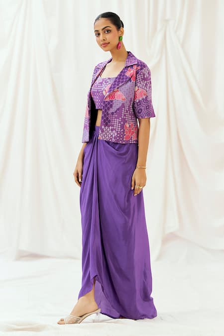 Shop_Redpine Designs_Purple , Crepe, Georgette Abstract Print Jacket Draped Skirt Set _Online_at_Aza_Fashions