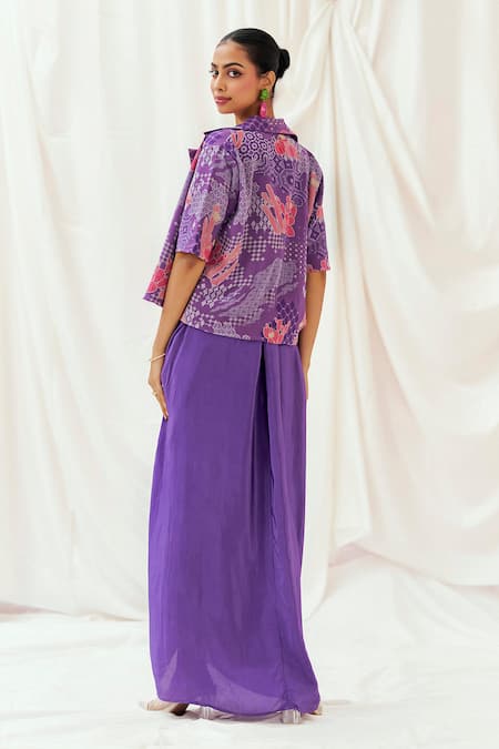 Redpine Designs Abstract Print Jacket Draped Skirt Set 