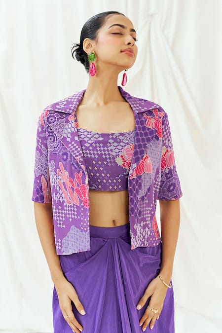 Redpine Designs_Purple , Crepe, Georgette Abstract Print Jacket Draped Skirt Set _at_Aza_Fashions