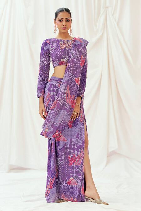 Redpine Designs_Purple Viscose Georgette Sequins, Printed Pre-draped Saree With Blouse _Online_at_Aza_Fashions
