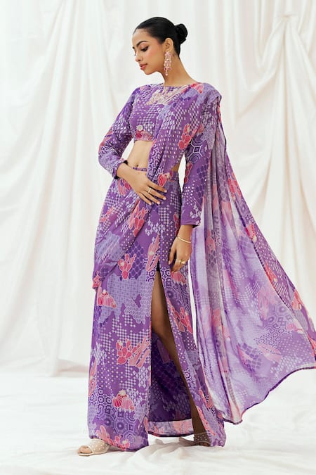Buy_Redpine Designs_Purple Viscose Georgette Sequins, Printed Pre-draped Saree With Blouse _Online_at_Aza_Fashions
