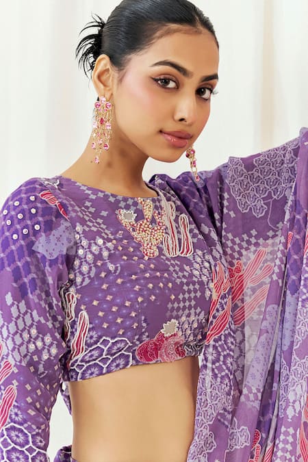 Shop_Redpine Designs_Purple Viscose Georgette Sequins, Printed Pre-draped Saree With Blouse _Online_at_Aza_Fashions