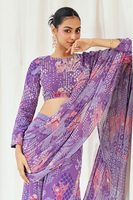 Redpine Designs_Purple Viscose Georgette Sequins, Printed Pre-draped Saree With Blouse _at_Aza_Fashions