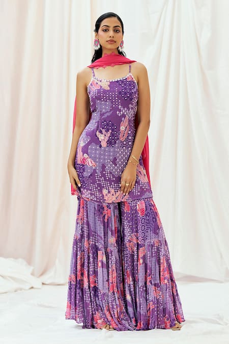Redpine Designs Purple Georgette, Sequins, Pom-poms Round Neck Printed Kurta Set