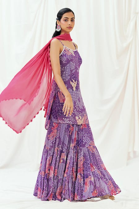 Redpine Designs Purple Georgette, Sequins, Pom-poms Round Neck Printed Kurta Set Online at Aza Fashions Redpine Designs_Purple Georgette, Sequins, Pom-poms Round Neck Printed Kurta Set _Online_at_Aza_Fashions
