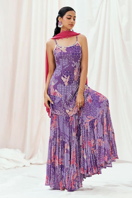 Redpine Designs Purple Georgette, Sequins, Pom-poms Round Neck Printed Kurta Set at Aza Fashions Redpine Designs_Purple Georgette, Sequins, Pom-poms Round Neck Printed Kurta Set _at_Aza_Fashions