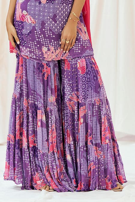 Buy Redpine Designs Purple Georgette, Sequins, Pom-poms Round Neck Printed Kurta Set Buy_Redpine Designs_Purple Georgette, Sequins, Pom-poms Round Neck Printed Kurta Set