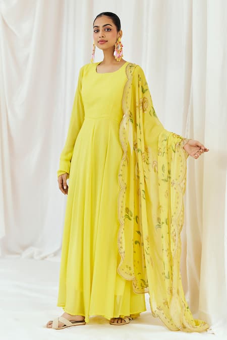 Redpine Designs Yellow Viscose Georgette Sequins, Panelled Anarkali With Floral Print Dupatta 