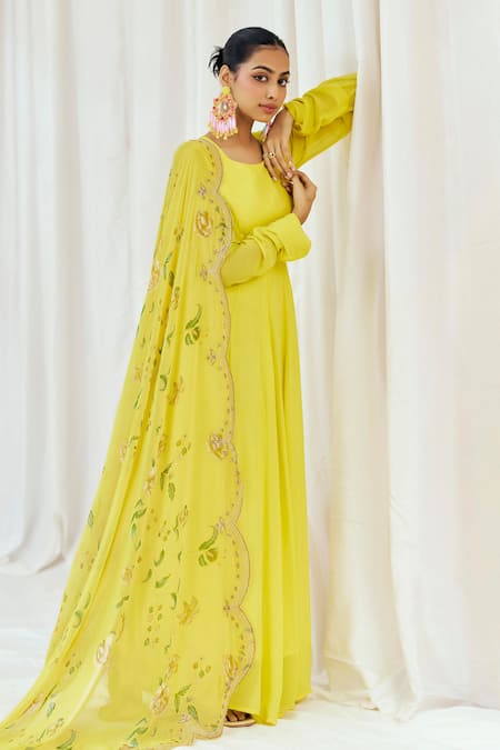Redpine Designs_Yellow Viscose Georgette Sequins, Panelled Anarkali With Floral Print Dupatta _Online_at_Aza_Fashions
